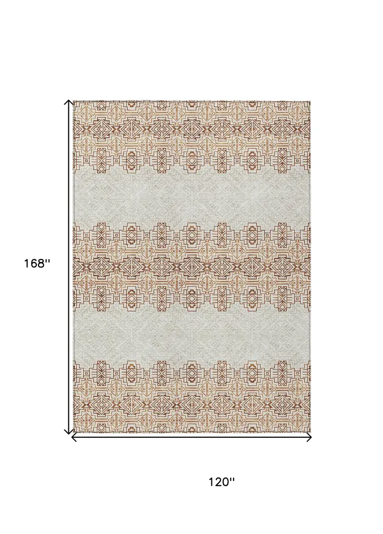 10' X 14' Orange And Ivory Tribal Washable Indoor Outdoor Area Rug