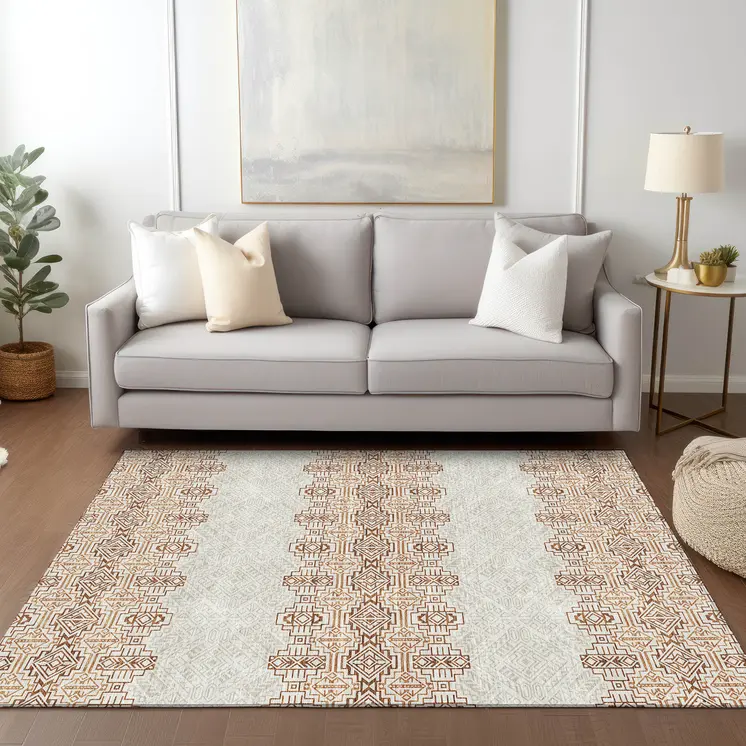 10' X 14' Orange And Ivory Tribal Washable Indoor Outdoor Area Rug