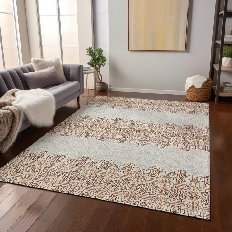 10' X 14' Orange And Ivory Tribal Washable Indoor Outdoor Area Rug