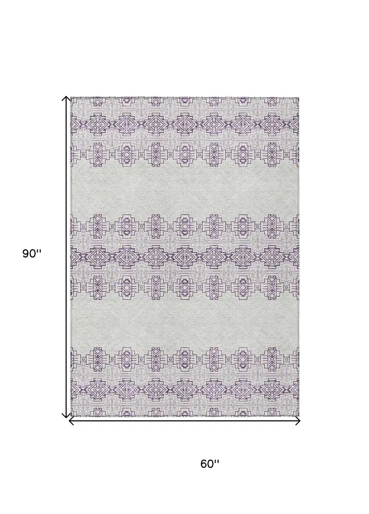 5' X 8' Purple And Ivory Tribal Washable Indoor Outdoor Area Rug