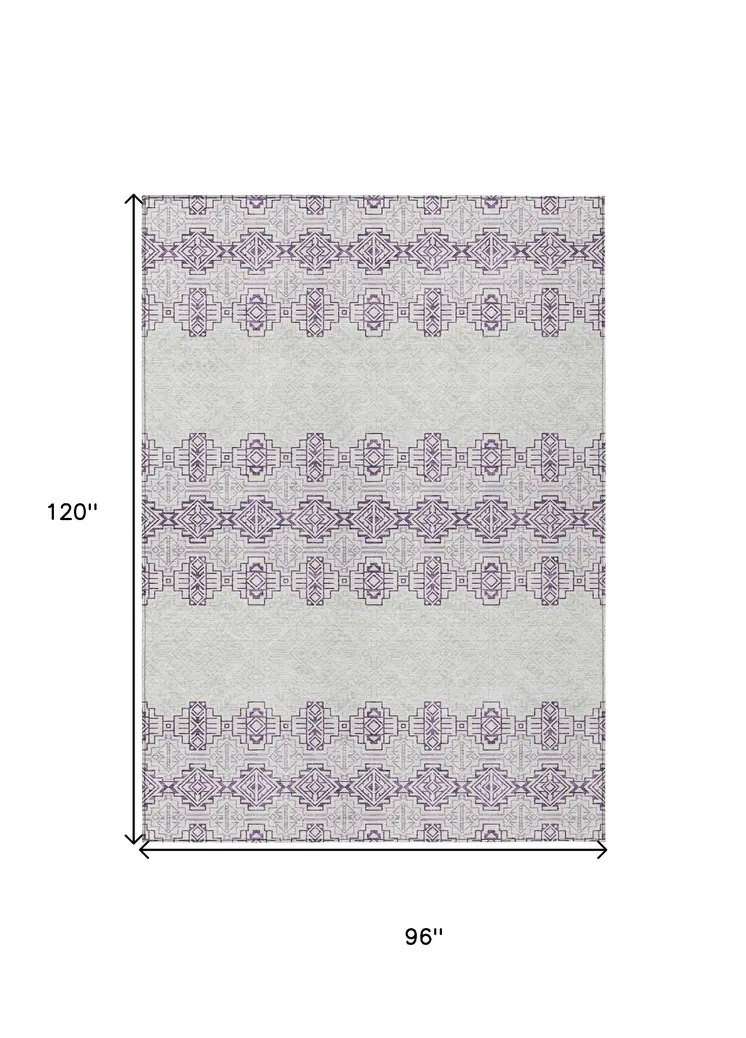 8' X 10' Purple And Ivory Tribal Washable Indoor Outdoor Area Rug