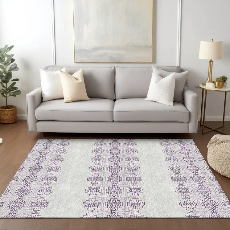 8' X 10' Purple And Ivory Tribal Washable Indoor Outdoor Area Rug