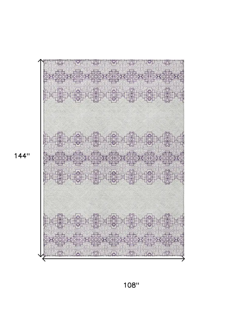 9' X 12' Purple And Ivory Tribal Washable Indoor Outdoor Area Rug