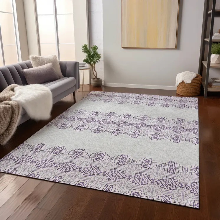 9' X 12' Purple And Ivory Tribal Washable Indoor Outdoor Area Rug