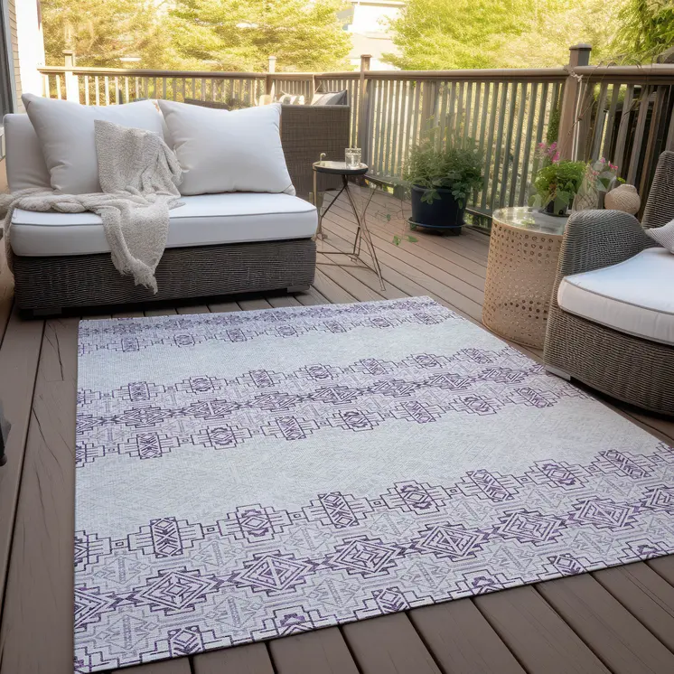 9' X 12' Purple And Ivory Tribal Washable Indoor Outdoor Area Rug