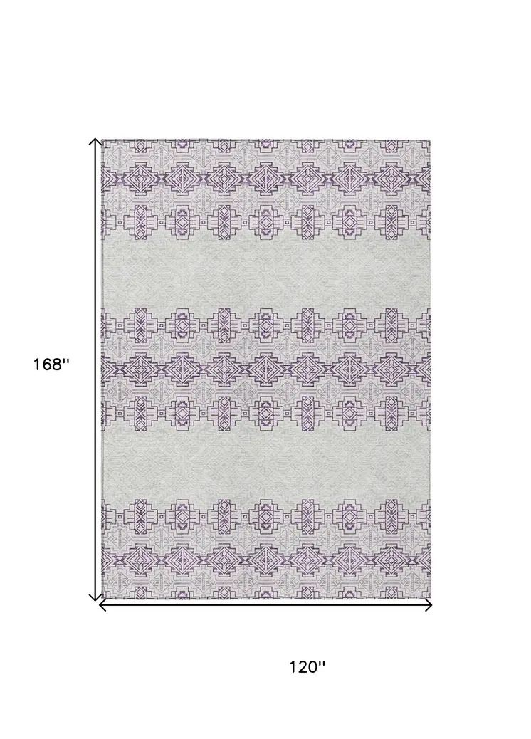 10' X 14' Purple And Ivory Tribal Washable Indoor Outdoor Area Rug