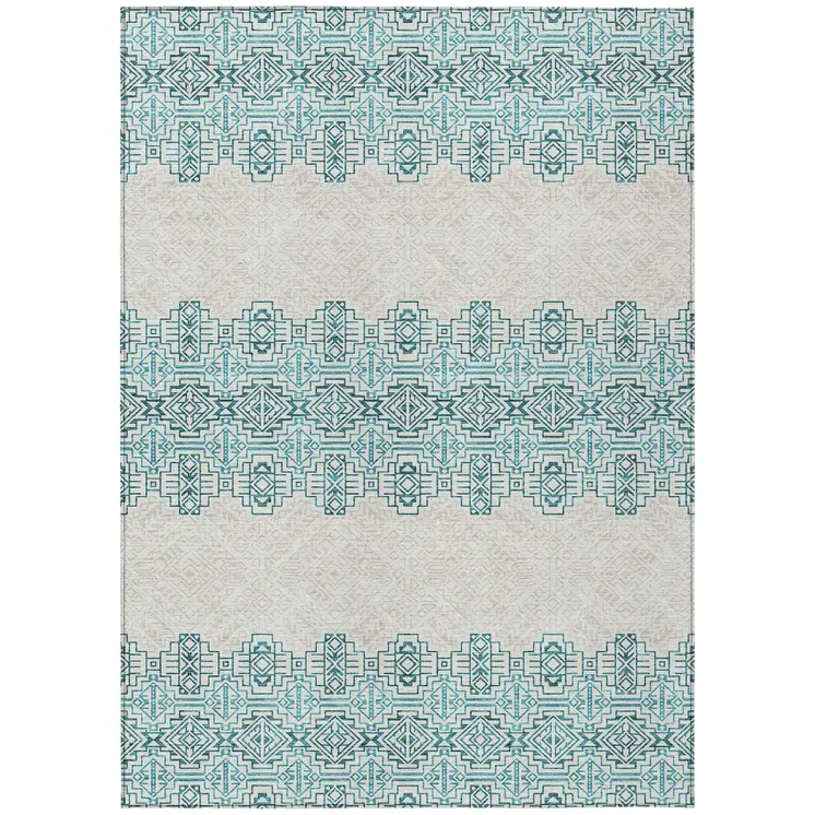 5' X 8' Teal Blue And Ivory Tribal Washable Indoor Outdoor Area Rug