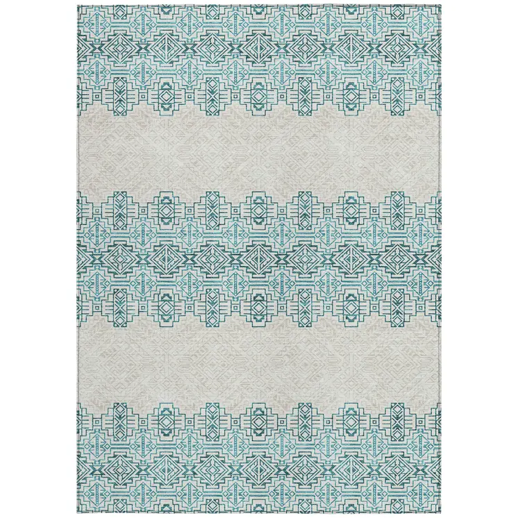 5' X 8' Teal Blue And Ivory Tribal Washable Indoor Outdoor Area Rug