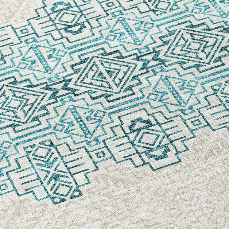 5' X 8' Teal Blue And Ivory Tribal Washable Indoor Outdoor Area Rug