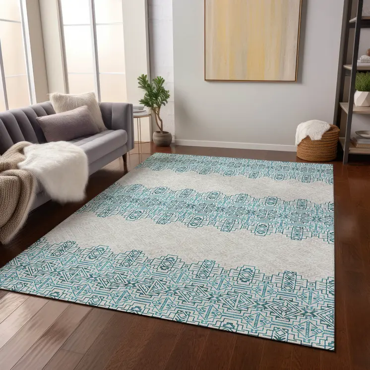 5' X 8' Teal Blue And Ivory Tribal Washable Indoor Outdoor Area Rug