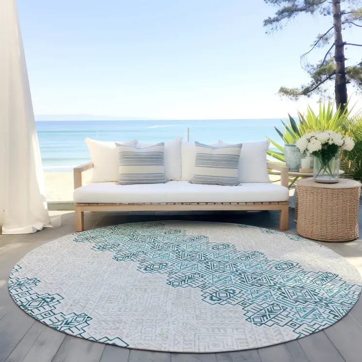 8' Teal Blue And Ivory Round Tribal Washable Indoor Outdoor Area Rug