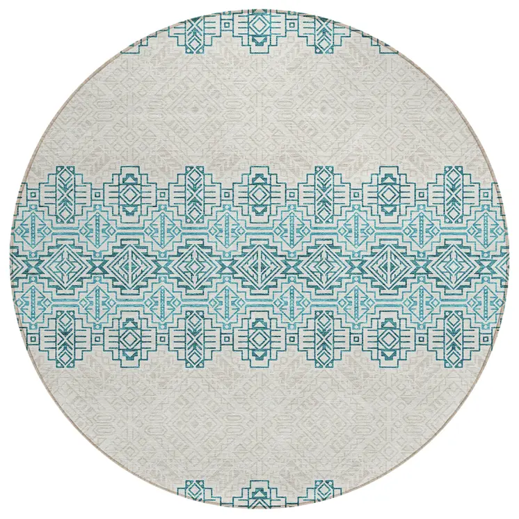 8' Teal Blue And Ivory Round Tribal Washable Indoor Outdoor Area Rug