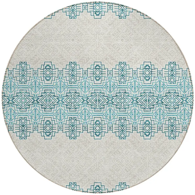 8' Teal Blue And Ivory Round Tribal Washable Indoor Outdoor Area Rug