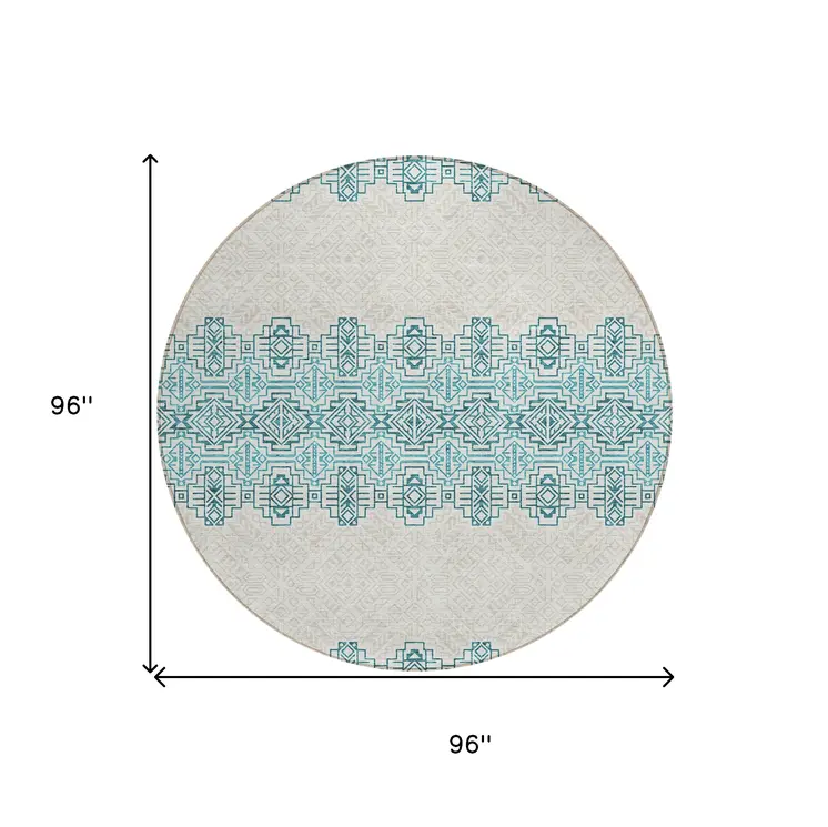 8' Teal Blue And Ivory Round Tribal Washable Indoor Outdoor Area Rug