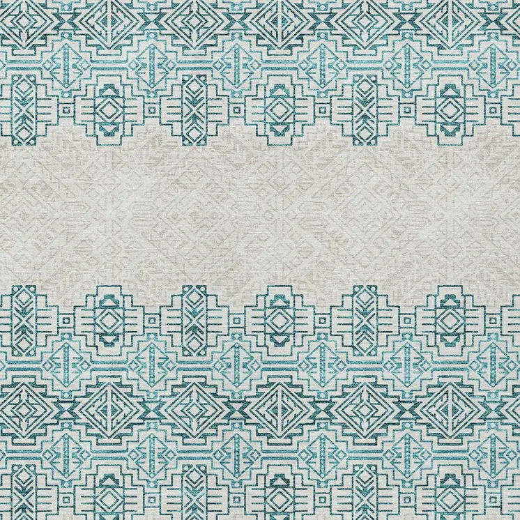 9' X 12' Teal Blue And Ivory Tribal Washable Indoor Outdoor Area Rug