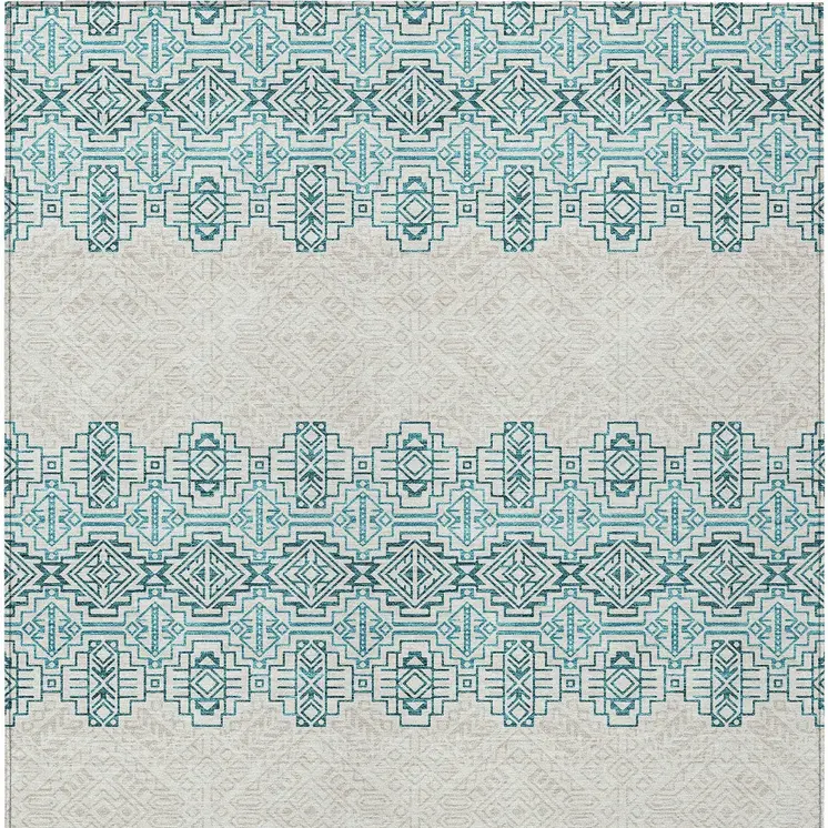 9' X 12' Teal Blue And Ivory Tribal Washable Indoor Outdoor Area Rug