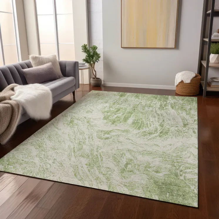 9' X 12' Sage And Ivory Abstract Washable Indoor Outdoor Area Rug