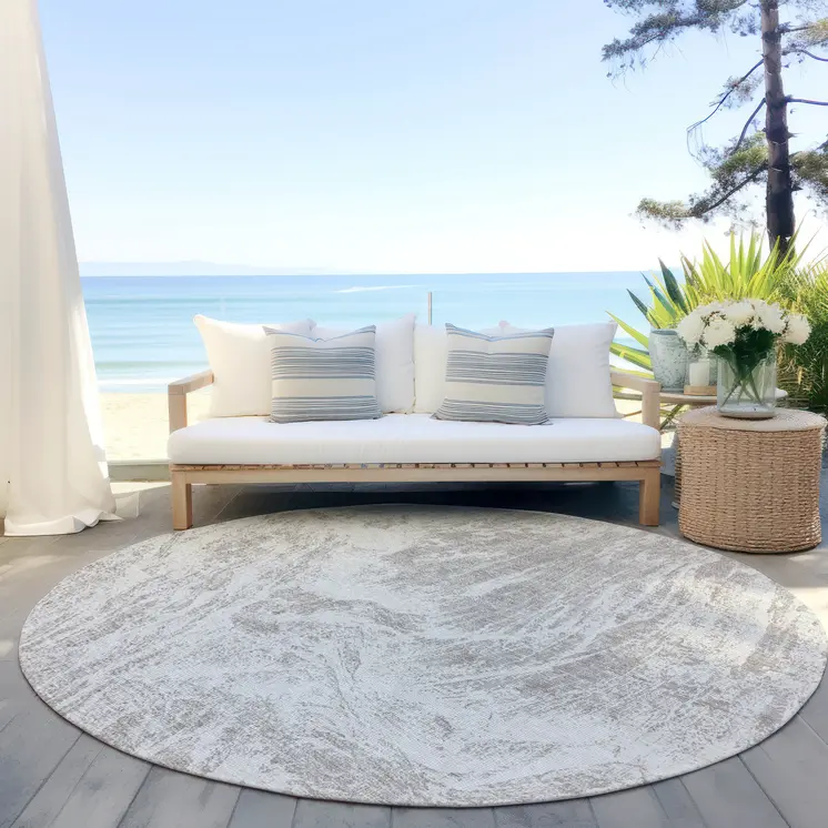 8' Beige And Ivory Round Abstract Washable Indoor Outdoor Area Rug