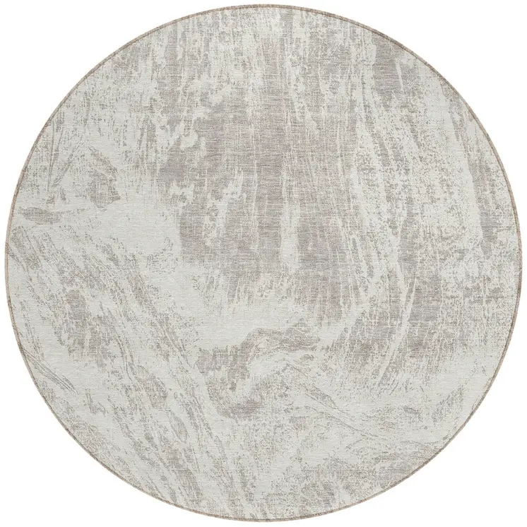 8' Beige And Ivory Round Abstract Washable Indoor Outdoor Area Rug