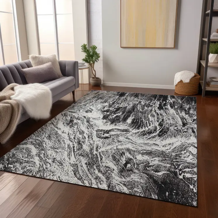 5' X 8' Black And Ivory Abstract Washable Indoor Outdoor Area Rug