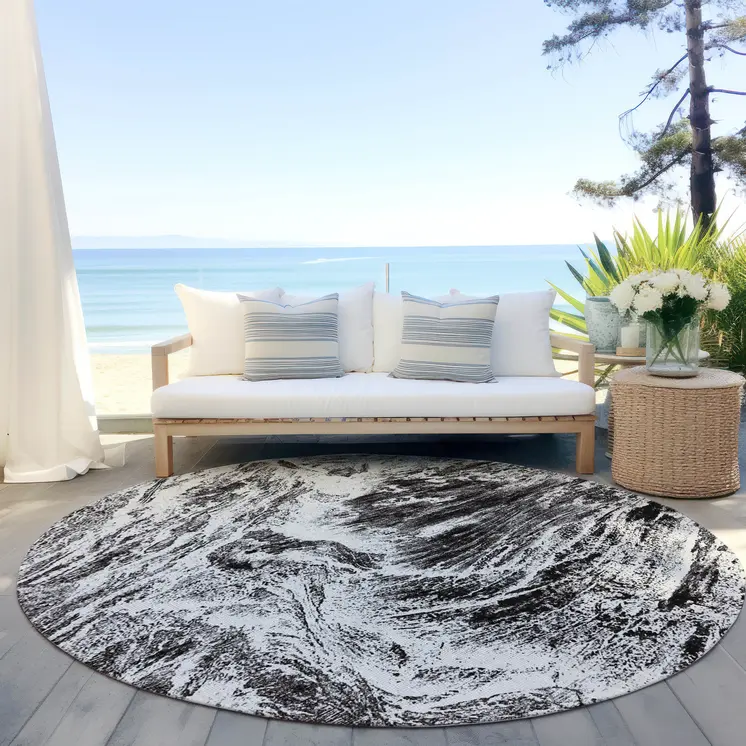 8' Black And Ivory Round Abstract Washable Indoor Outdoor Area Rug