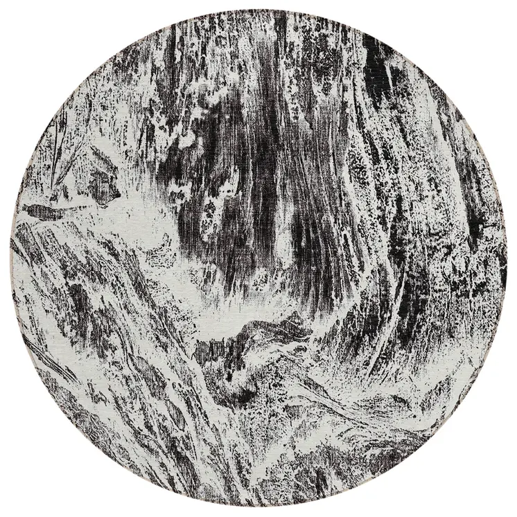 8' Black And Ivory Round Abstract Washable Indoor Outdoor Area Rug