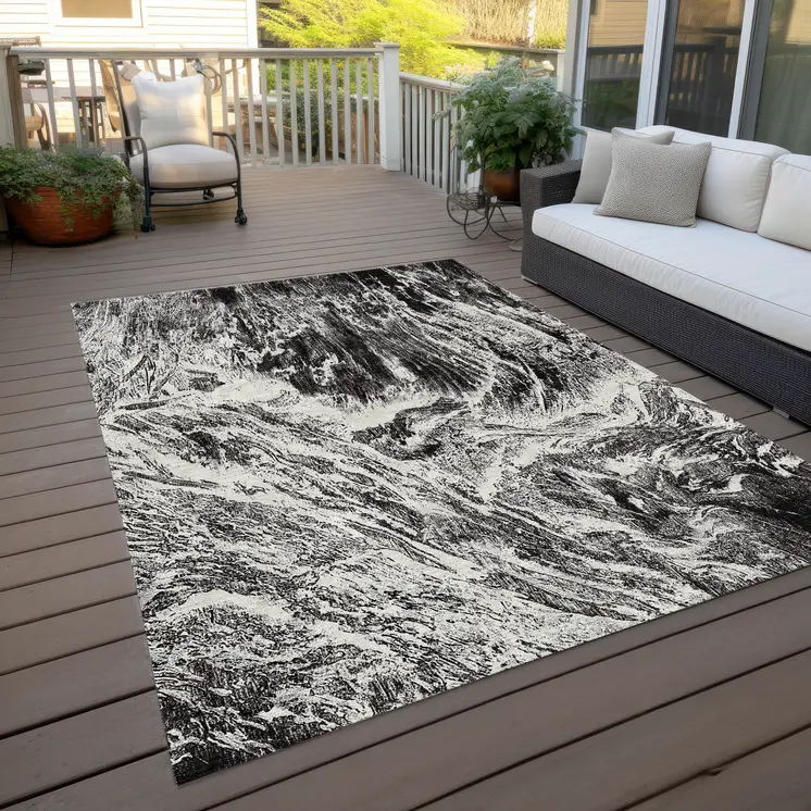 10' X 14' Black And Ivory Abstract Washable Indoor Outdoor Area Rug