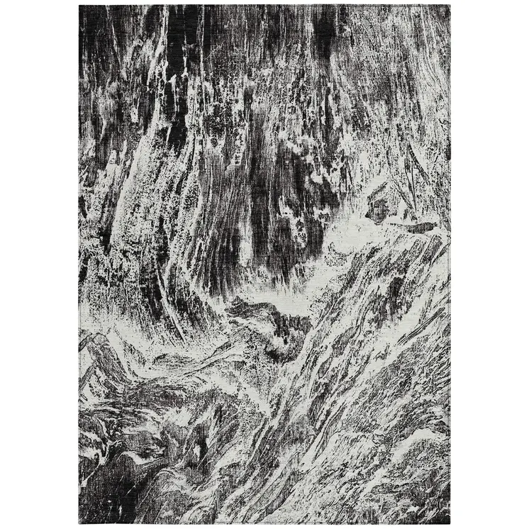 10' X 14' Black And Ivory Abstract Washable Indoor Outdoor Area Rug