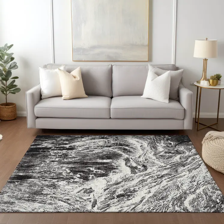 10' X 14' Black And Ivory Abstract Washable Indoor Outdoor Area Rug