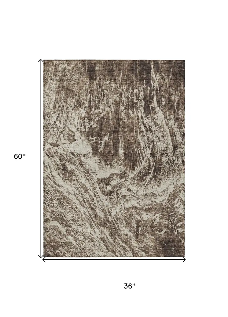 3' X 5' Brown And Ivory Abstract Washable Indoor Outdoor Area Rug