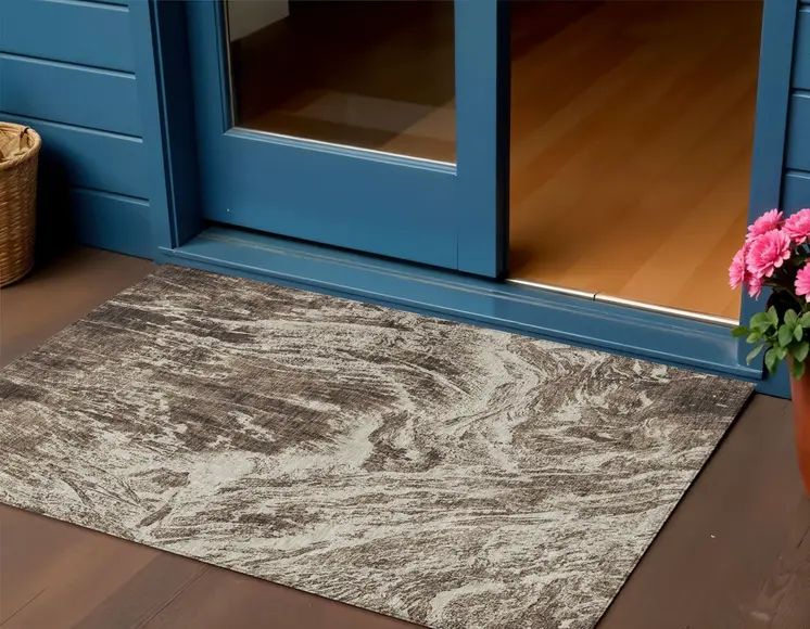 3' X 5' Brown And Ivory Abstract Washable Indoor Outdoor Area Rug