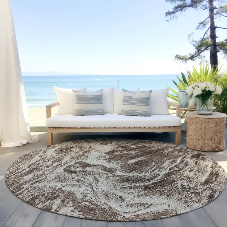 8' Brown And Ivory Round Abstract Washable Indoor Outdoor Area Rug