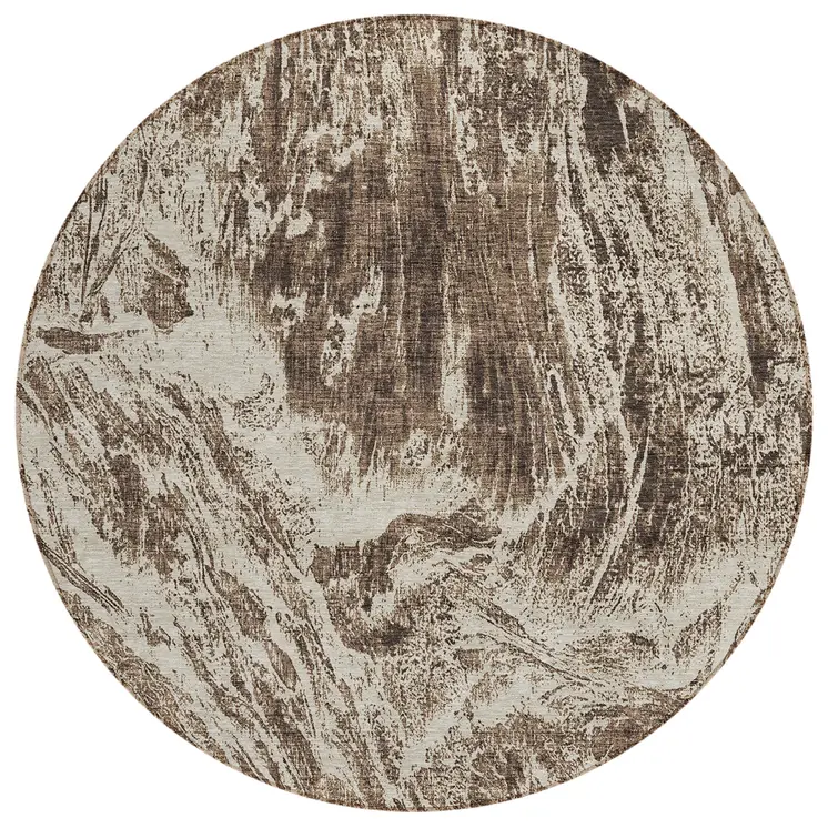 8' Brown And Ivory Round Abstract Washable Indoor Outdoor Area Rug