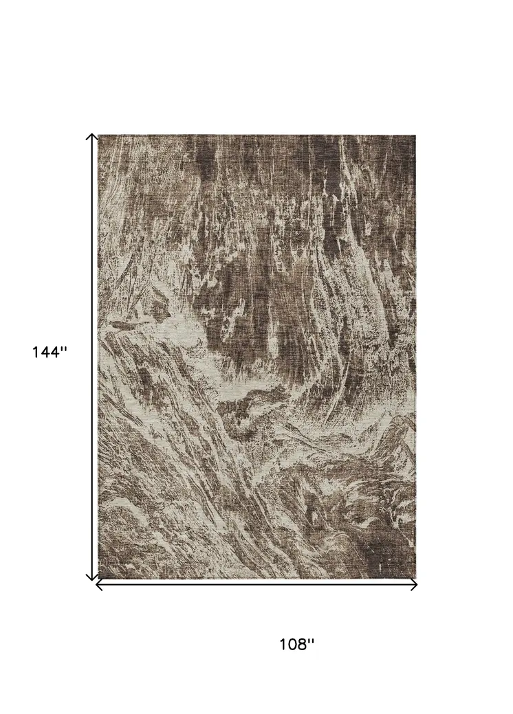 9' X 12' Brown And Ivory Abstract Washable Indoor Outdoor Area Rug