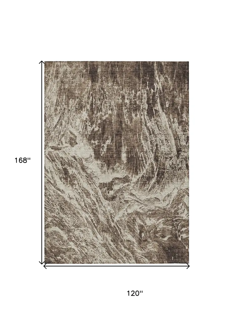 10' X 14' Brown And Ivory Abstract Washable Indoor Outdoor Area Rug