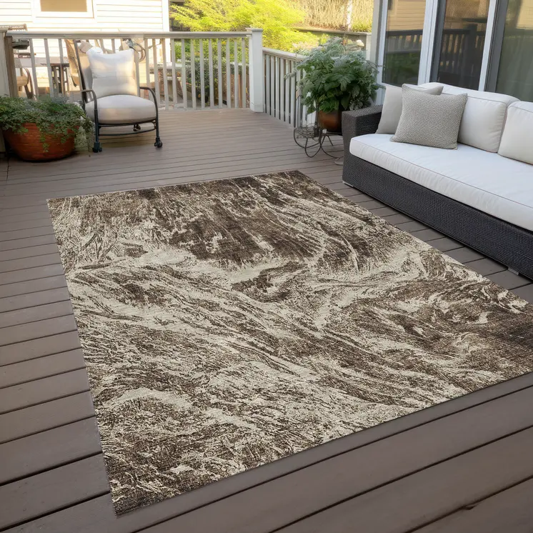 10' X 14' Brown And Ivory Abstract Washable Indoor Outdoor Area Rug