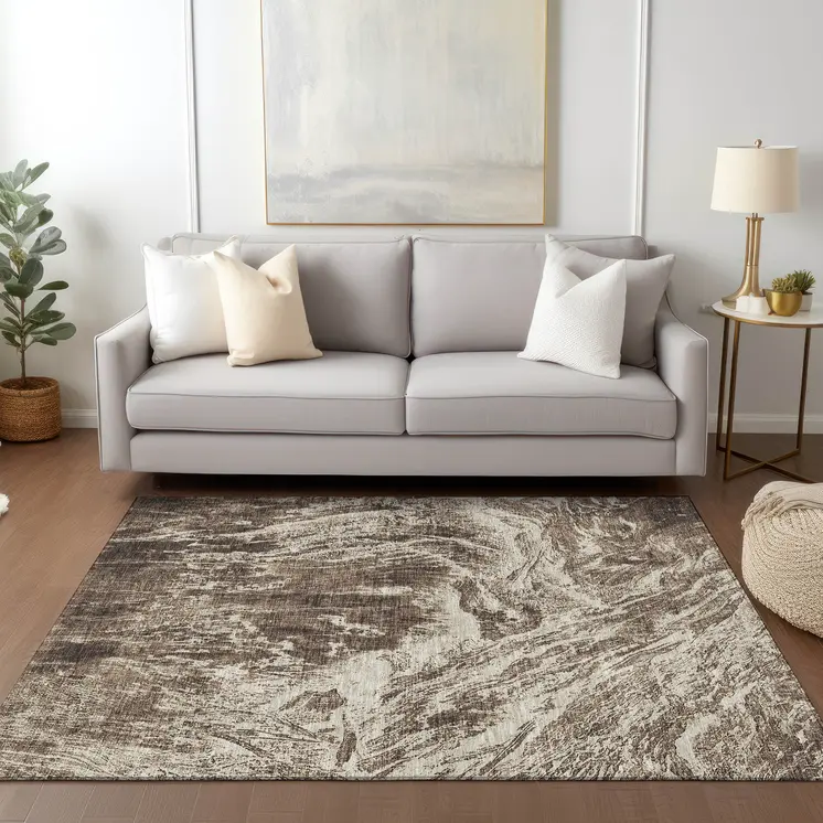 10' X 14' Brown And Ivory Abstract Washable Indoor Outdoor Area Rug