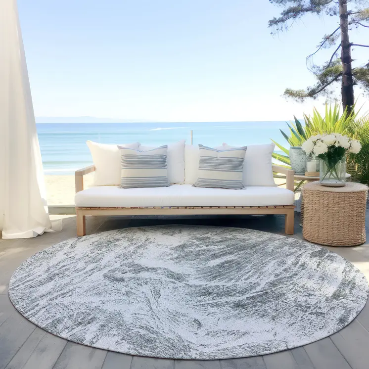 8' Gray And Ivory Round Abstract Washable Indoor Outdoor Area Rug
