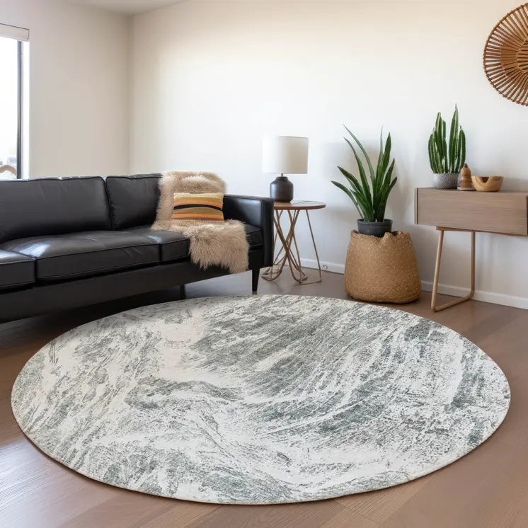 8' Gray And Ivory Round Abstract Washable Indoor Outdoor Area Rug