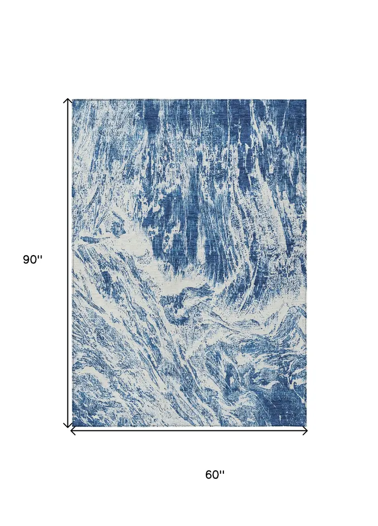5' X 8' Navy Blue And Ivory Abstract Washable Indoor Outdoor Area Rug