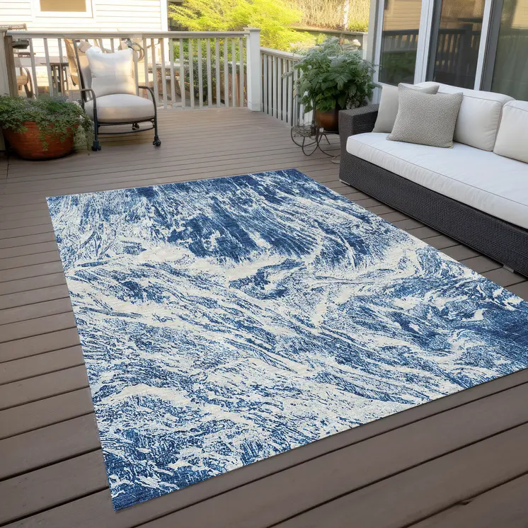 5' X 8' Navy Blue And Ivory Abstract Washable Indoor Outdoor Area Rug