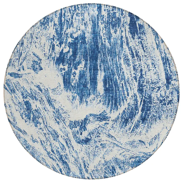 8' Navy Blue And Ivory Round Abstract Washable Indoor Outdoor Area Rug