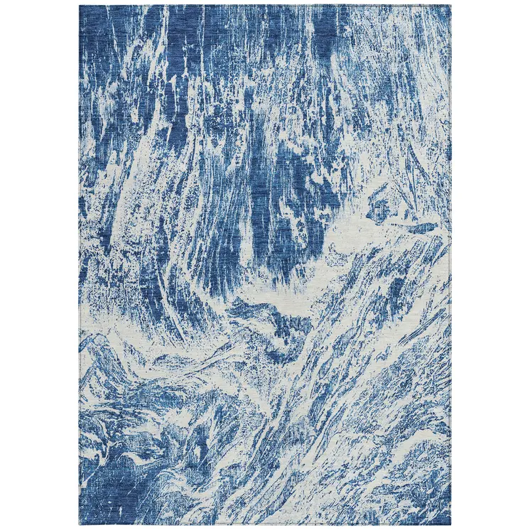 9' X 12' Navy Blue And Ivory Abstract Washable Indoor Outdoor Area Rug