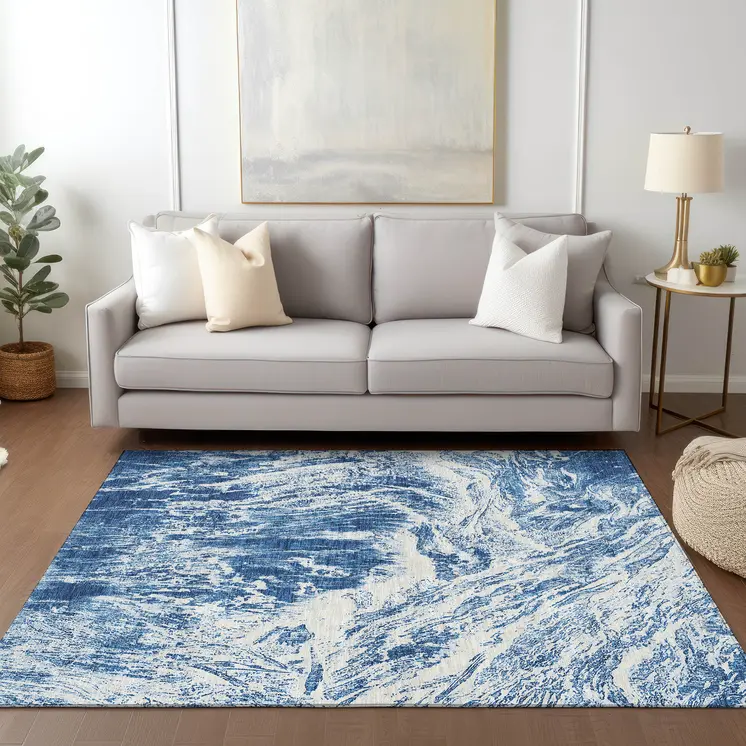 10' X 14' Navy Blue And Ivory Abstract Washable Indoor Outdoor Area Rug