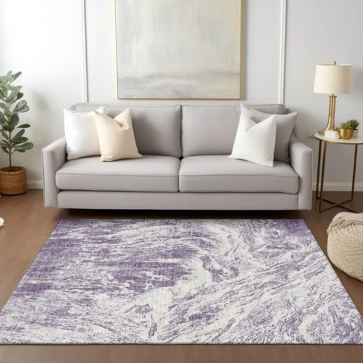 3' X 5' Purple And Ivory Abstract Washable Indoor Outdoor Area Rug