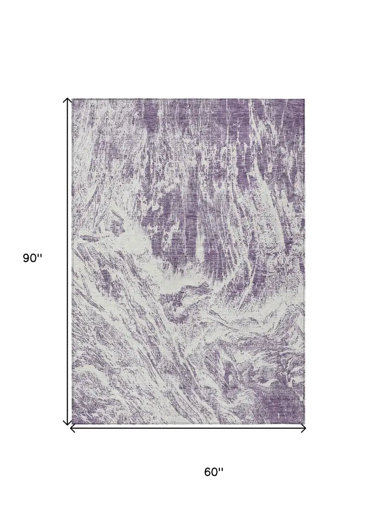 5' X 8' Purple And Ivory Abstract Washable Indoor Outdoor Area Rug