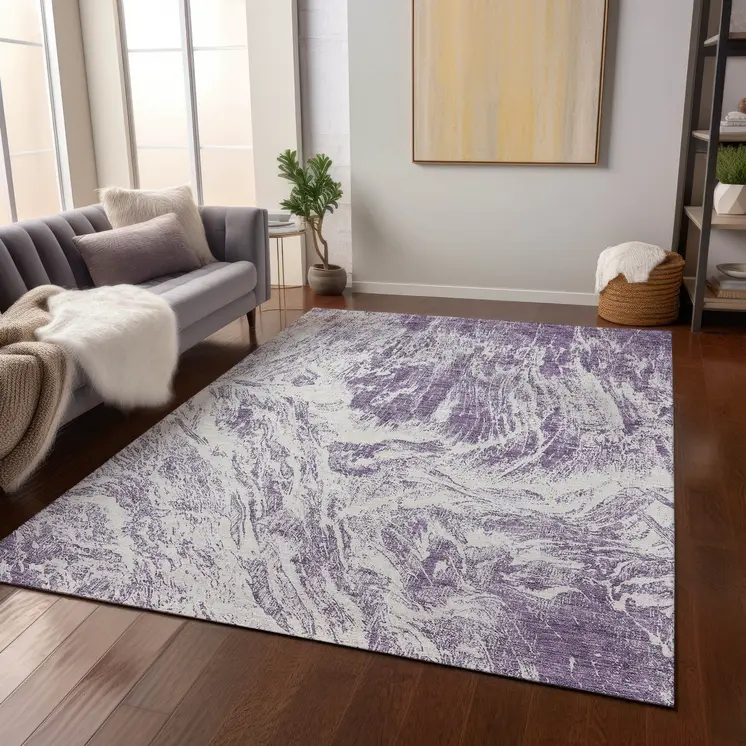 8' X 10' Purple And Ivory Abstract Washable Indoor Outdoor Area Rug