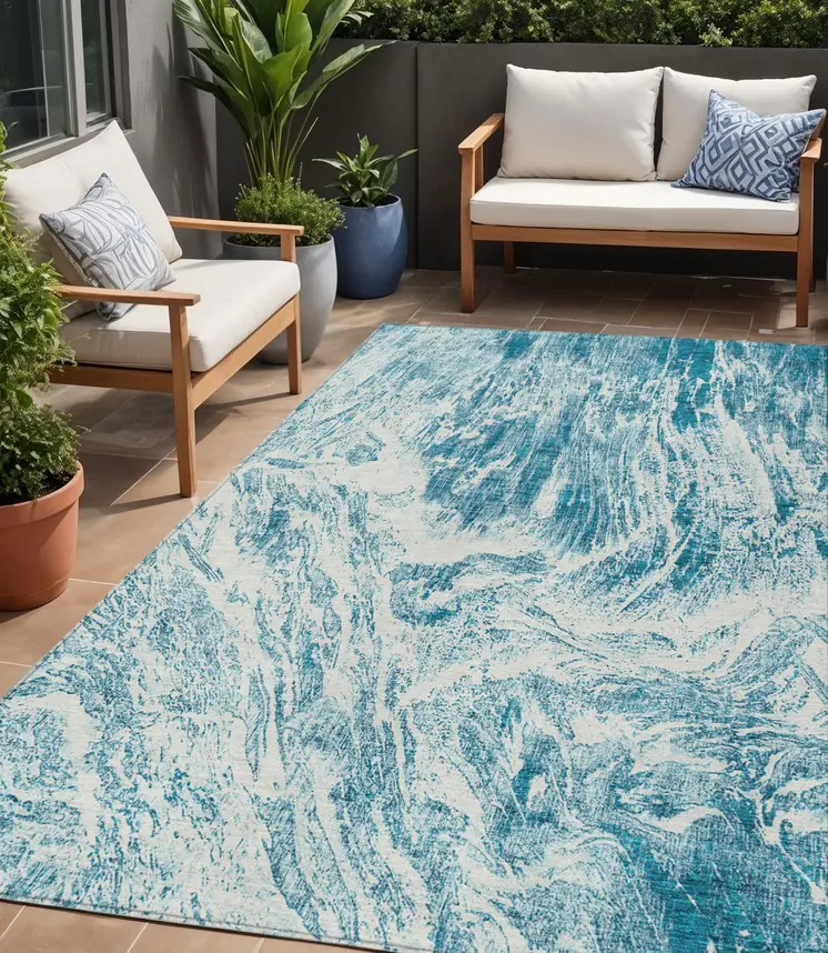5' X 8' Teal Blue And Ivory Abstract Washable Indoor Outdoor Area Rug