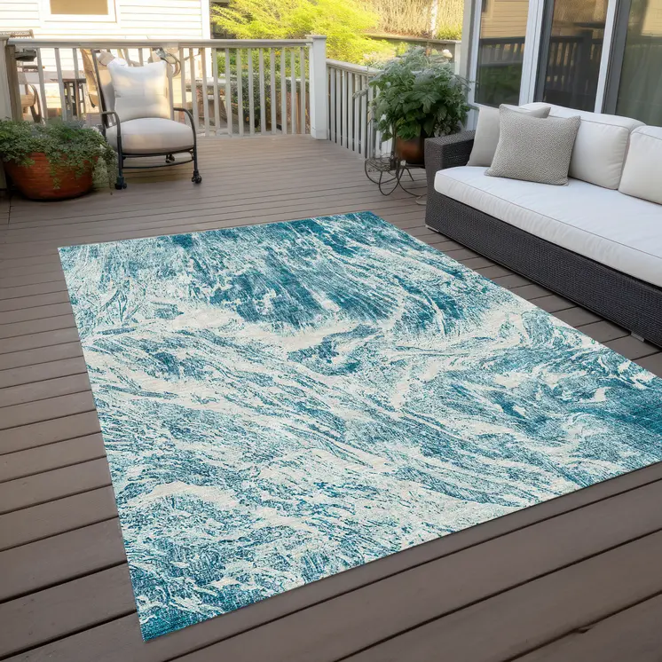 5' X 8' Teal Blue And Ivory Abstract Washable Indoor Outdoor Area Rug