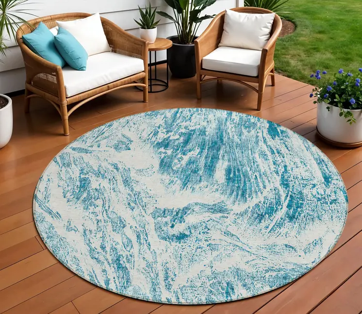 8' Teal Blue And Ivory Round Abstract Washable Indoor Outdoor Area Rug